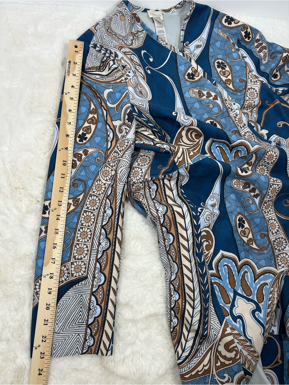 Chico’s Faux Suede Paisley Topper Duster Jacket Blue Brown Open Front - Picture 10 of 10